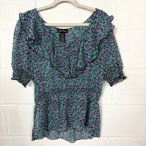 VTG Susie Rose Top Y2K Peplum Sheer Floral Georgette Ruffle Dark Fairy Dainty XL